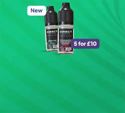 New Direct brand of nic salts positioned next to one another on a green striped graduated background