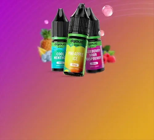 Dojoliq nic salts arranged together on a lined pink orange background