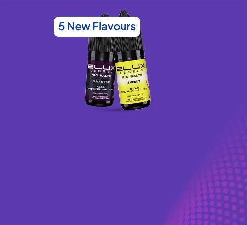 5 new Elux e-liquid flavours on a graduated purple background