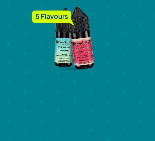 Elux e-liquid in 5 flavours on a turquoise background
