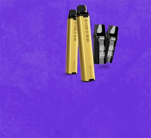 Gold Bar Reload pod kit and pods lined up on a blue purple background