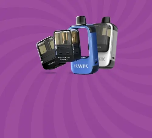 Innokin KWIK pod kit on a light purple spiral background