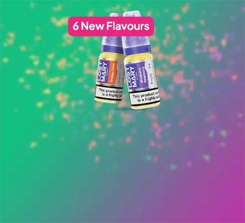 6 New Lost Mary 10ml e-liquid flavours on a colourful gradient background with confetti