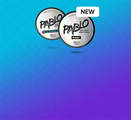 New Pablo nicotine pouches on a blue/purple gradient background