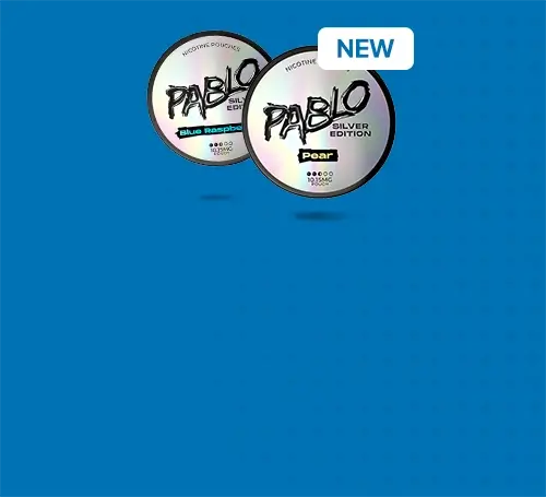 New Pablo silver edition nic pouches on a graduated blue background