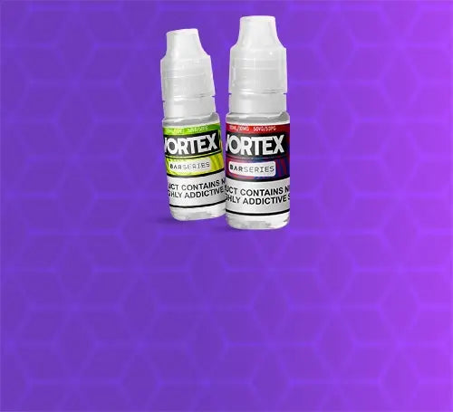 2 Vortex e-liquids arranged on a purple crosshatched graduated background