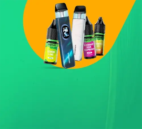 Vaporesso Xros 6 and 6 Mini with DOjoliq nic salts on a graduated green background with yellow strip