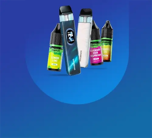 New XROS 6 or 6 Mini pod kits + 3 dojoliq nic salts arranged on a blue graduated background