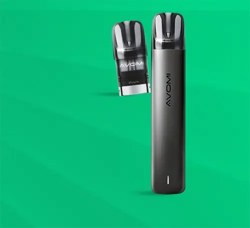 New Avomi Pro pod device and pods next to one another on a graduated green background