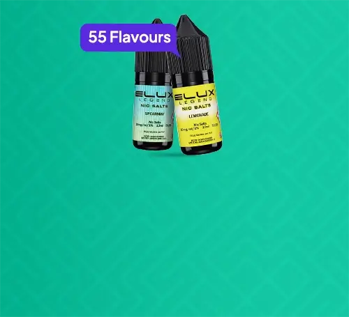 2 Elux nic salts side-by-side available in 55 flavours on a green background