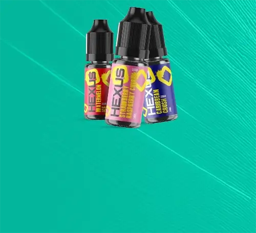 3 Hexus e-liquid bottles arranged together on a lined aqua green background