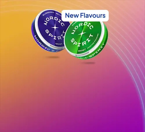 New flavour nordic spirit nicotine pouches arranged on a lined pink orange background