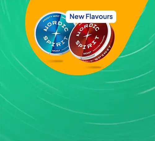 New flavour nordic spirit nic pouches arranged on a graduated green background with yellow strip