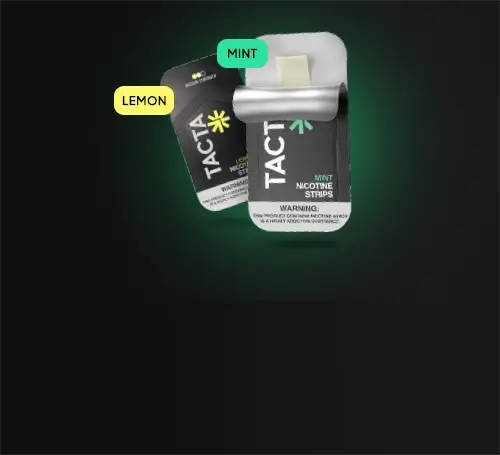 Lemon and Mint Tacta nicotine strips on a black background