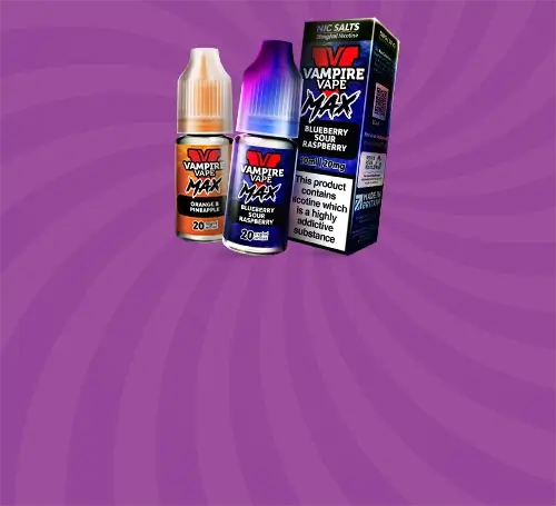 2 Vampire Vape Max nic salts with box on a light purple spiral background