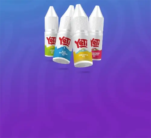 4 x Yeti e-liquids on a purple blue pattern background