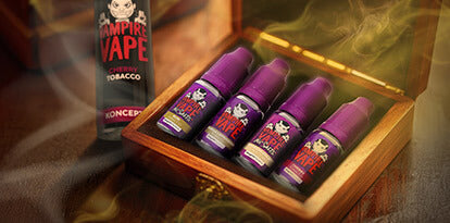 Vampire Vape Tobacco collection. 4 new flavours - Cherry tobacco vanilla capuccino tobacco, rum tobacco, white chocolate tobacco
