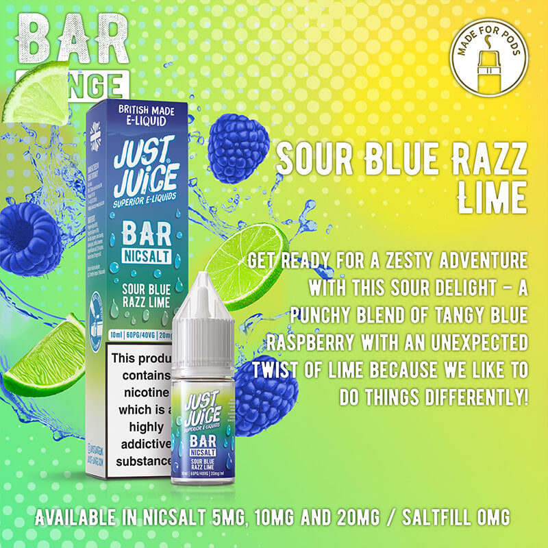 Just Juice Bar Range Sour Blue Razz Lime Nic Salt 10ml | Vapestore UK Just Juice Bar Range Sour Blue Razz Lime Nic Salt 10ml | Vapestore UK