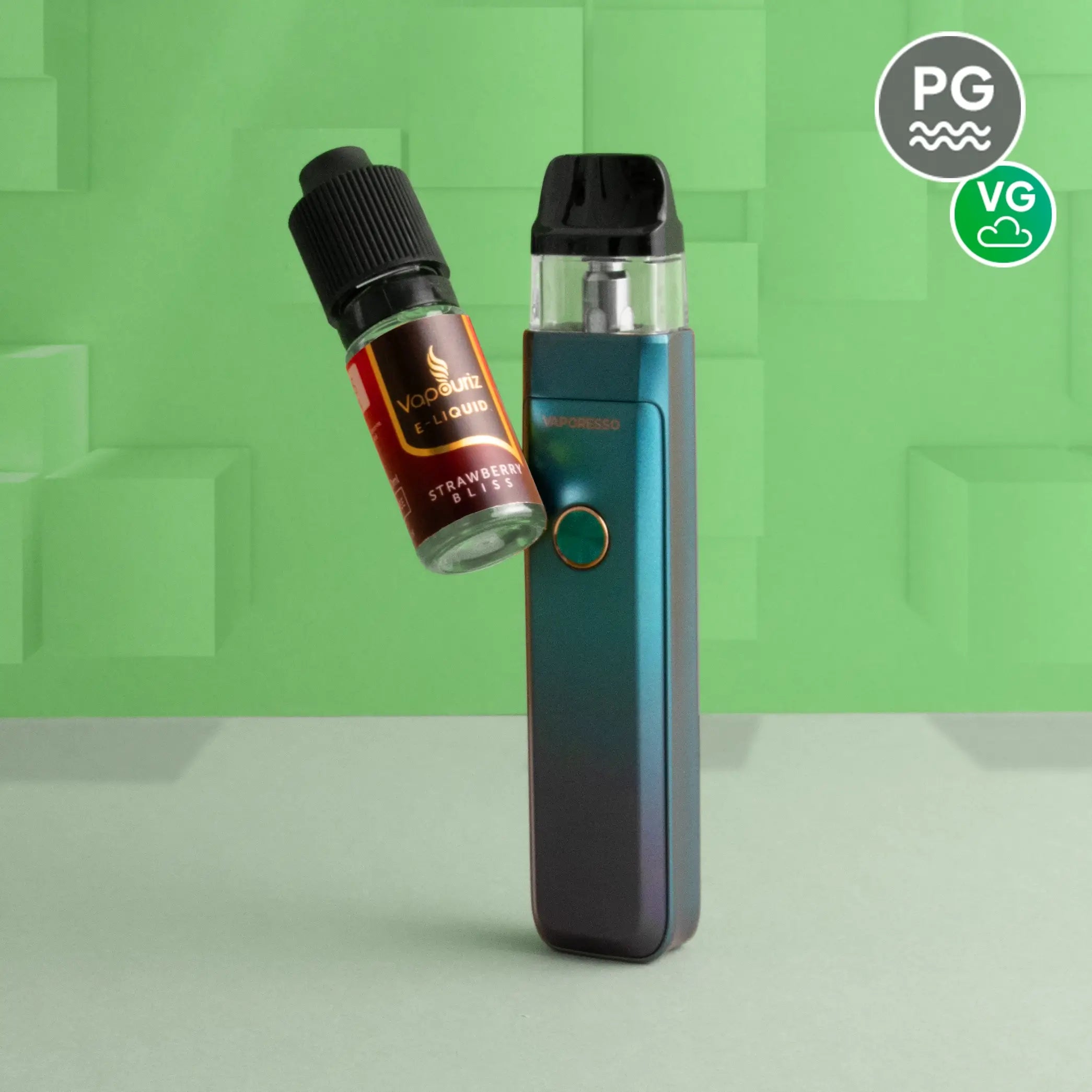 Pod vape kit and 10ml e-liquid photographed together on a green block background