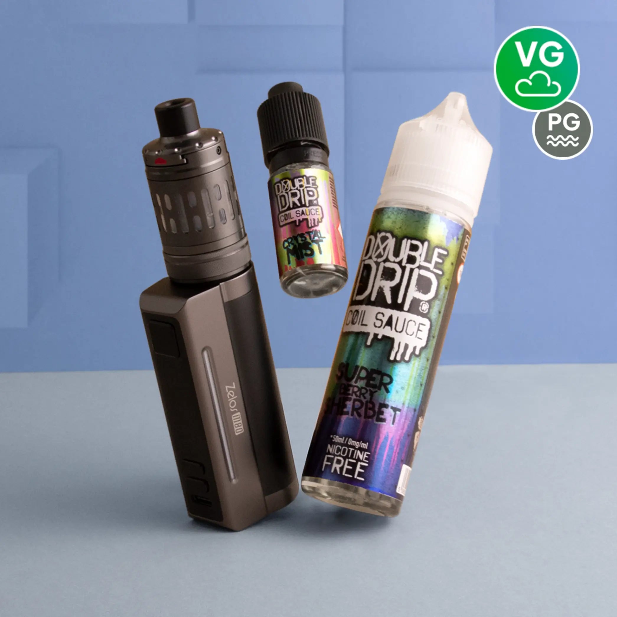 Sub-ohm kit and sub ohm 10ml and shortfill e-liquid photographed together on a blue block background